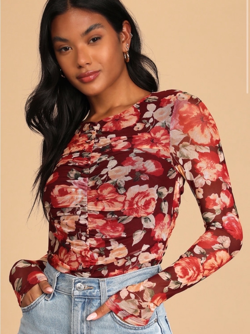 Lulus Burgundy Mesh Floral Bodysuit Sz M Ruching Sheer Sleeves Romantic Chic